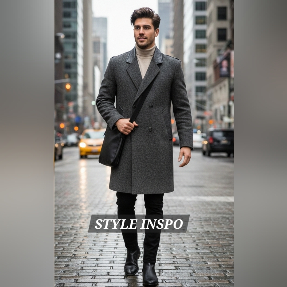 VNTG American Male Men Double-Breasted Woolblend Overcoat w/Leather Collar Sz 10